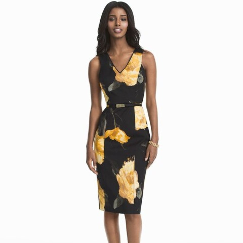 WHBM Black Yellow Floral Print Sheath Dress Women's Size 0